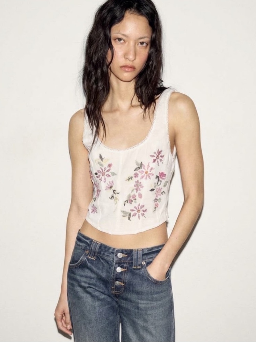 NWT Zara Woman EMBROIDERED TEXTURED CORSET TOP Floral Size S Small